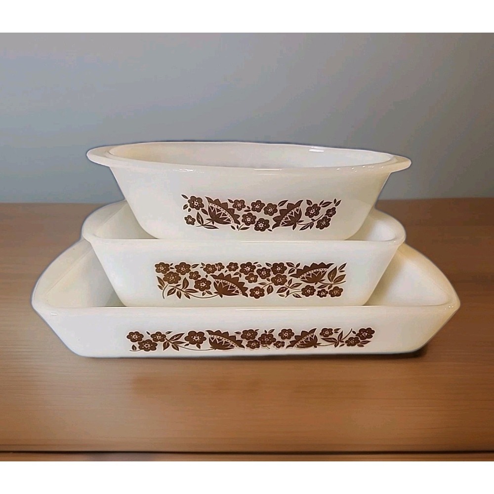Vintage 3Pc Brown Floral Milk Glass Set Glasbake Bakerware Casserole, Loaf, Bake